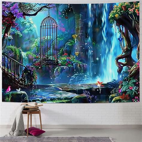 Nawypu Enchanted Forest Tapestry Magic Trees Waterfall Flower Mushroom