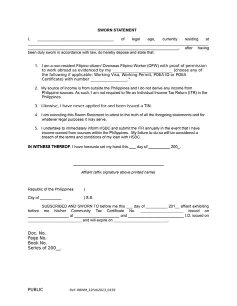 Printable Sworn Statement Form Printable Forms Free Online