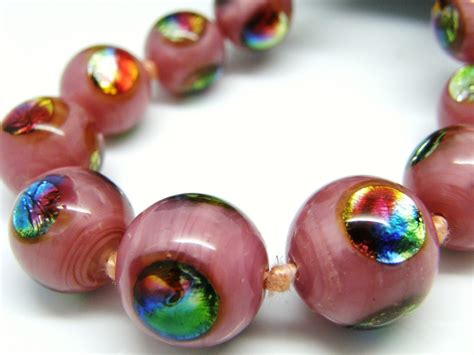 Foil Eye Bead Necklace Art Deco Peacock Rare Knotted Pink Spun