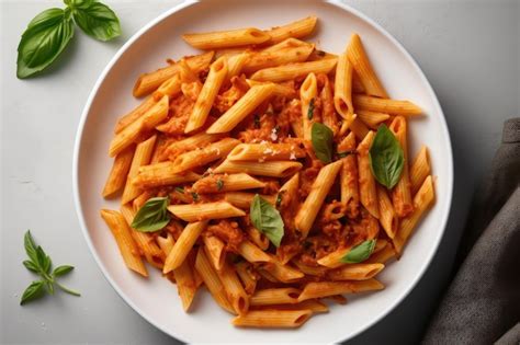 Premium Ai Image Penne Allarrabbiata On White Plate Top View