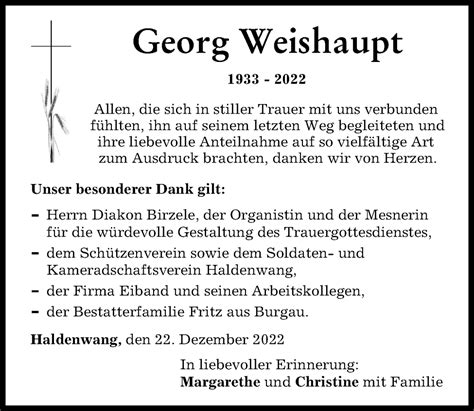 Traueranzeigen Von Georg Weishaupt Allg Uer Zeitung