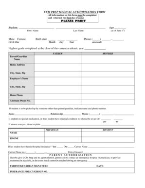 Fillable Online Ccm Uc CCM PREP MEDICAL AUTHORIZATION FORM PLEASE PRINT