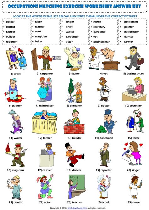 Jobs Occupations Professions Vocabulary Matching Exercise Worksheet