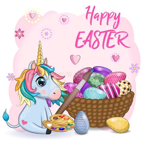 Easter Unicorn Cartoon Character With Easter Egg Postcard Stock