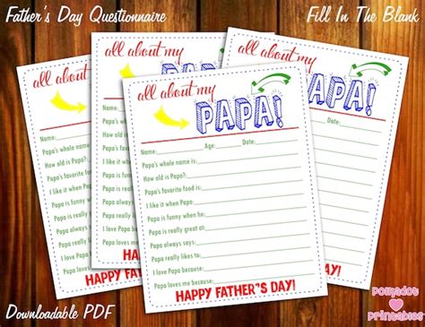 All About My Papa Fathers Day Questionnaire Instant Downloadable Pdf