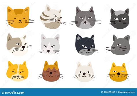 Cats Heads Faces Emoticons Vector Illustration Set