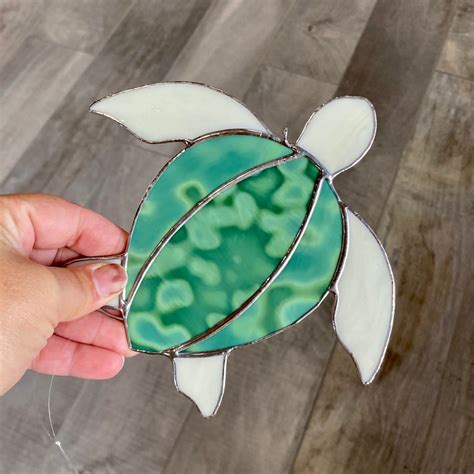 Handcrafted Stained Glass Sea Turtle Suncatcher In Sea Green Etsy