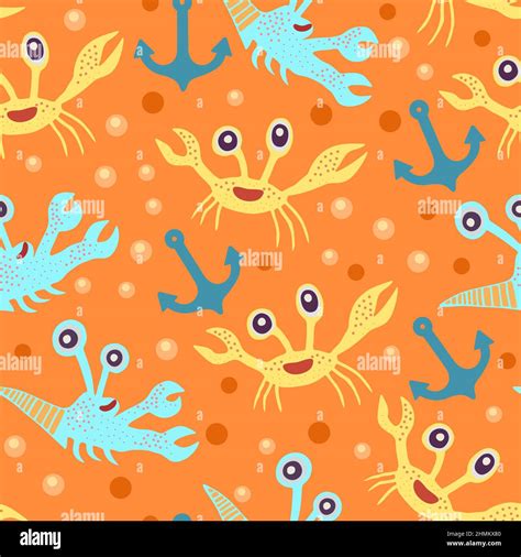 Cute Seamless Pattern With Crabscartoon Doodle Print With Happy Sea