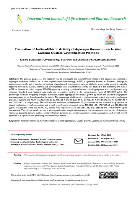 Pdf Evaluation Of Antiurolithiatic Activity Of Asparagus Racemosus On