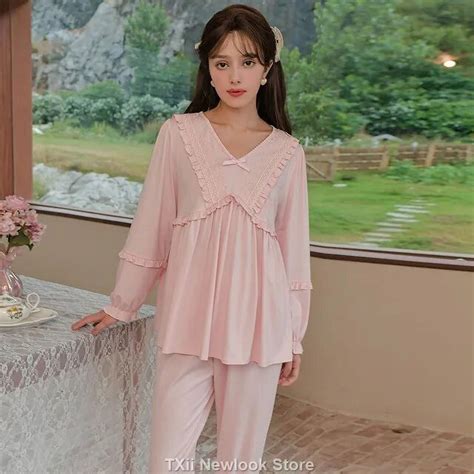 Linyooli Long Sleeve Pajamas Set French Lace Court Style Autumn Two