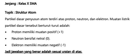 Partikel dasar penyusun atom terdiri atas proton,