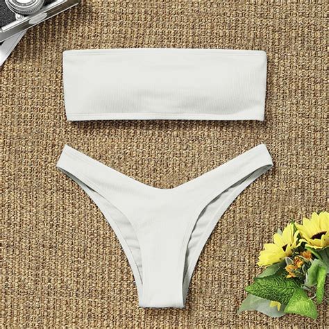 Conjunto de Bikini de banda para mujer traje de baño acanalado de Color sólido con cordón