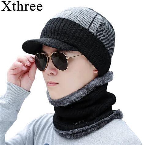 Xthree Winter Skullies Beanies Hat Scarf Set Men Knitted Hat Caps Male