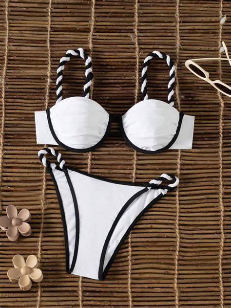 Swim Chiccia Pcs Women S Bikini Set Contrast Color Twisted String Bandeau Top And Bikini