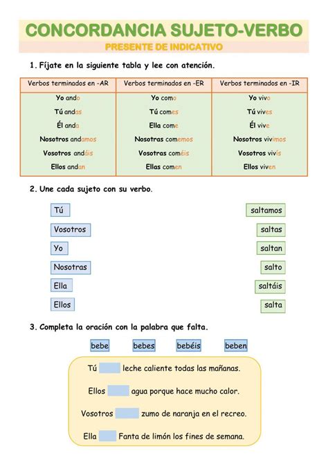 Ejercicio De CONCORDANCIA SUJETO VERBO PRESENTE DE INDICATIVO