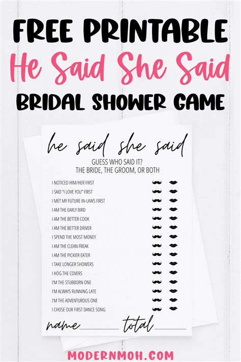 He Said She Said Bridal Shower Game Free Printable Modern Moh