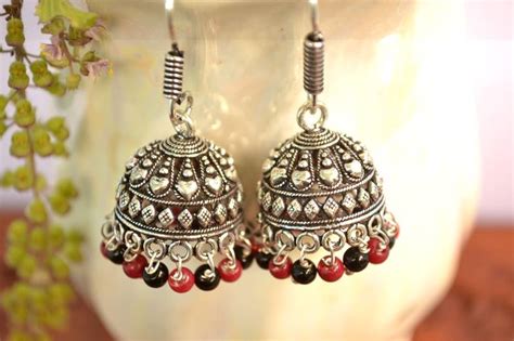 Oxidised Silver Handcrafted Jhumka Jhumki Navratri Earrings For Ethnic