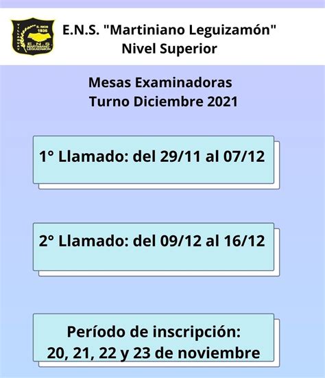 Cronograma De Mesas De Examen Turno Diciembre 2021 ESCUELA NORMAL