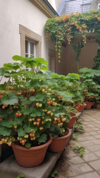 Premium AI Image | A garden with a bunch of red berries in pots