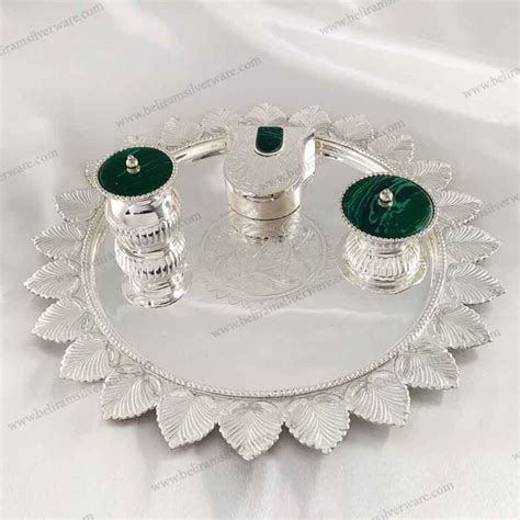 Traditional Om Scalloped Border Silver Pooja Thali Beliram Silverware