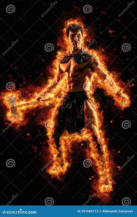 Full Size Of Burning Viking With Naked Torso Who Posing Holding Axe In