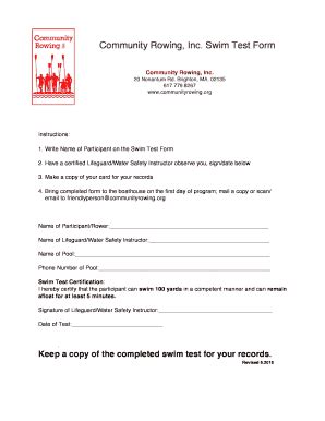 Fillable Online Community Rowing Inc Swim Test Form Fax Email Print