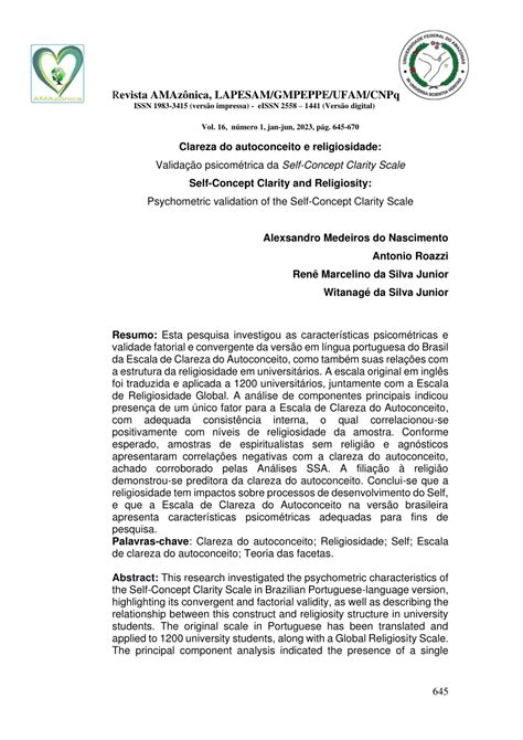 (PDF) Clareza do autoconceito e religiosidade: Validação psicométrica da Self-Concept Clarity ...