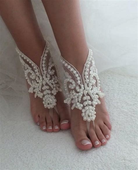 Express Ship Beach Wedding Barefoot Sandals Ivory Lace Barefoot Sandals