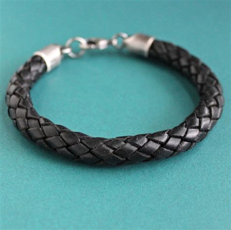 Mens Thick Leather Bracelet Black Braid Leather Bracelet Sterling