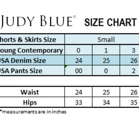 Judy Blue Jeans Size Chart