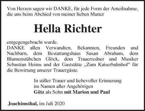 Traueranzeigen von Hella Richter Märkische Onlinezeitung Trauerportal