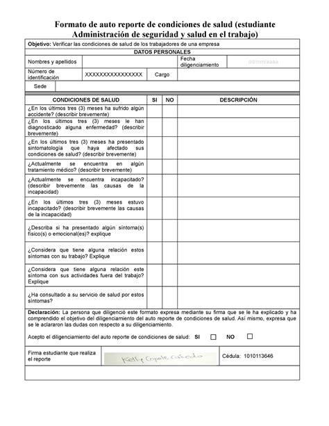 Formato Auto Reporte De Condiciones De Salud Para Vinculaciones V1