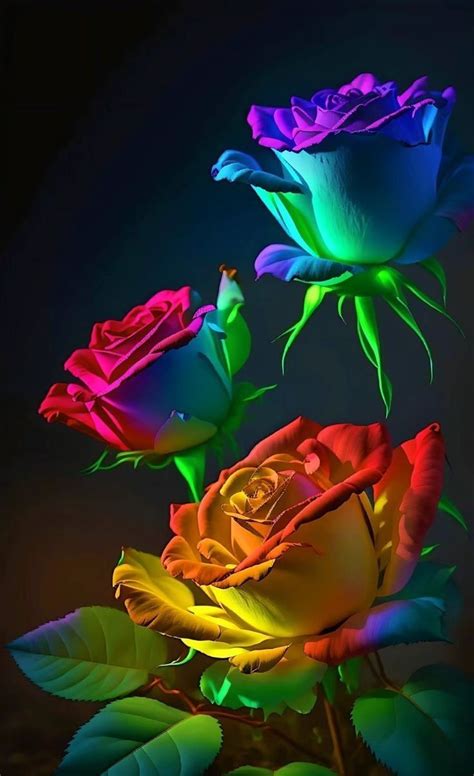 Three Different Colored Roses With Green Leaves