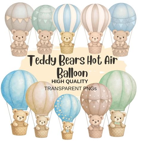 Teddy Bear Hot Air Balloon Clipart Watercolor Teddy Bear Boy Baby Shower Blue Green Neutral