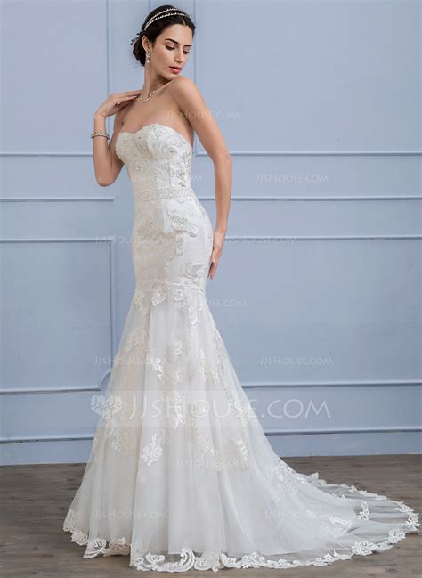 Trumpet Mermaid Sweetheart Court Train Lace Wedding Dress With Beading