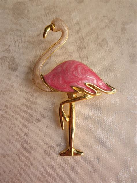 Vintage Pink Flamingo Pin Inches Gold Tone And Pink Enamel