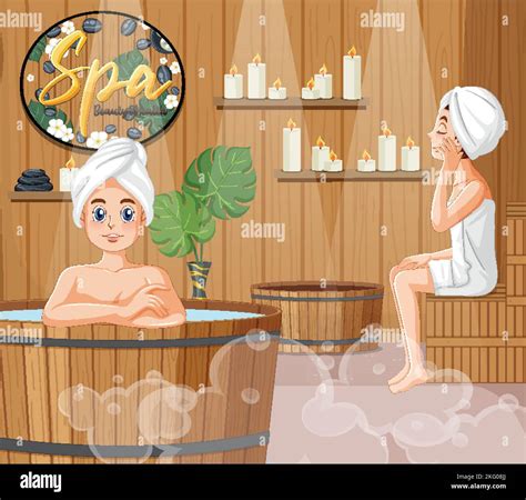 Woman Enjoying Hot Tub Spa In Steam Room Illustration Stock Vector Image Art Alamy