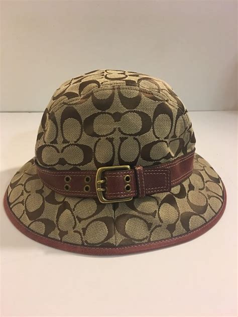 Coach Signature Bucket Hat Cap Canvas Leather C Logo Brown Burgundy Sz