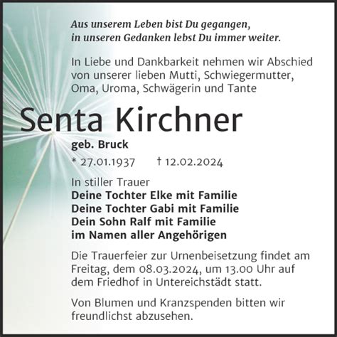 Traueranzeigen Von Senta Kirchner Abschied Nehmen De