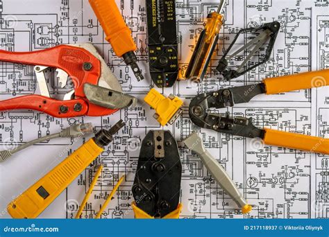 Different Electrical Tools On Electrical Engineering Drawings Stock