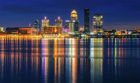 Colorful Louisville Skyline Reflection At Night Photograph By Dan Sproul