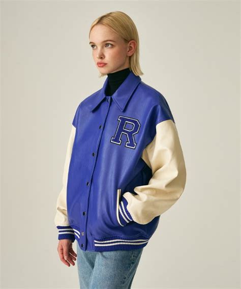 MUSINSA LADY VOLUME UNISEX 9111 VARSITY LEATHER JACKET BLUE