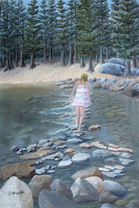 A Painting Of A Girl Walking In The Water Near Rocks And Pine Trees