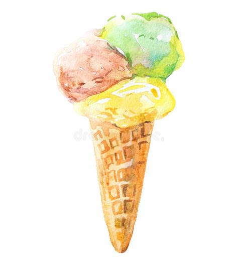 Three Pale Color Ice Cream In A Waffle Cone Watercolor Illustration