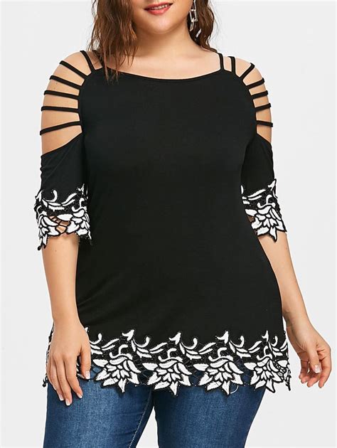 14 25 Women Tops Blouse Plus Size Ladder Cut Contrast Appliqued T