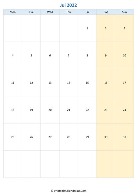 July 2022 Calendar Templates