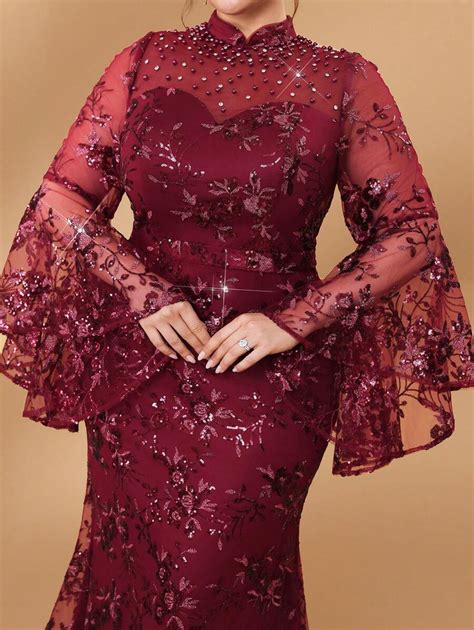 Shein Belle Plus Size Wine Red Embroidered Fabric Elegant Chinese