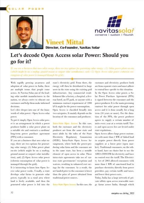 Insights By Vineet Mittal On Open Access Solar In Energetica