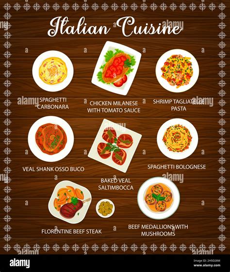 Italian Cuisine Food Italy Pasta And Meat Dishes Menu Vector Italian