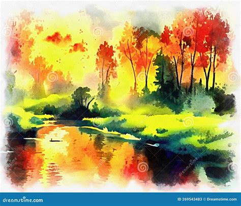 Illustration of Beautiful Landscape in Watercolor Painting Style on Paper Canvas. Generative AI ...